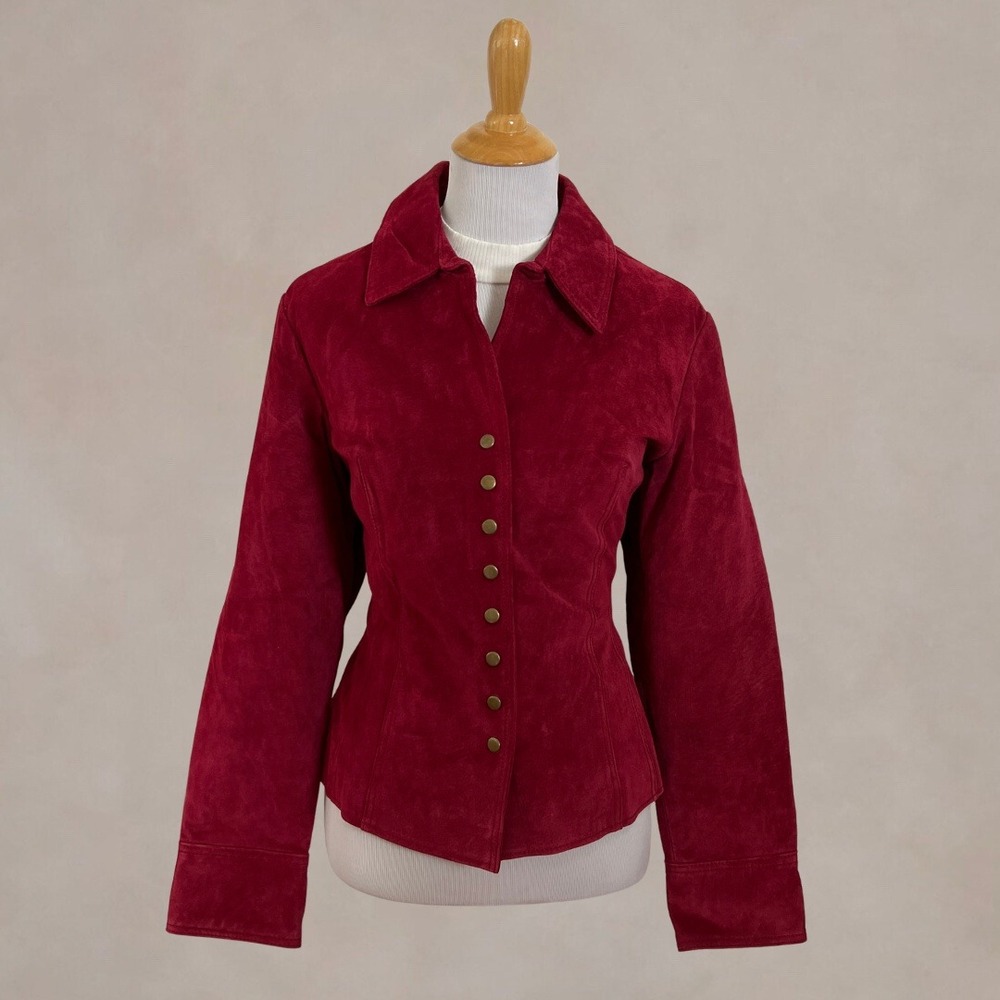 Vintage Y2K Coldwater Creek Red Suede Leather Jacket Fitted Snap Front Women's L
